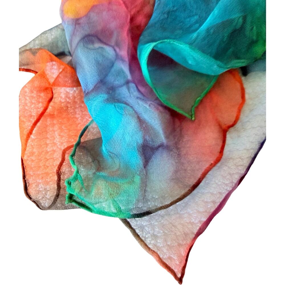 Vintage Hand Painted Silk Chiffon Scarf 1970s Rainbow Watercolor 15x66 - Picture 6 of 8